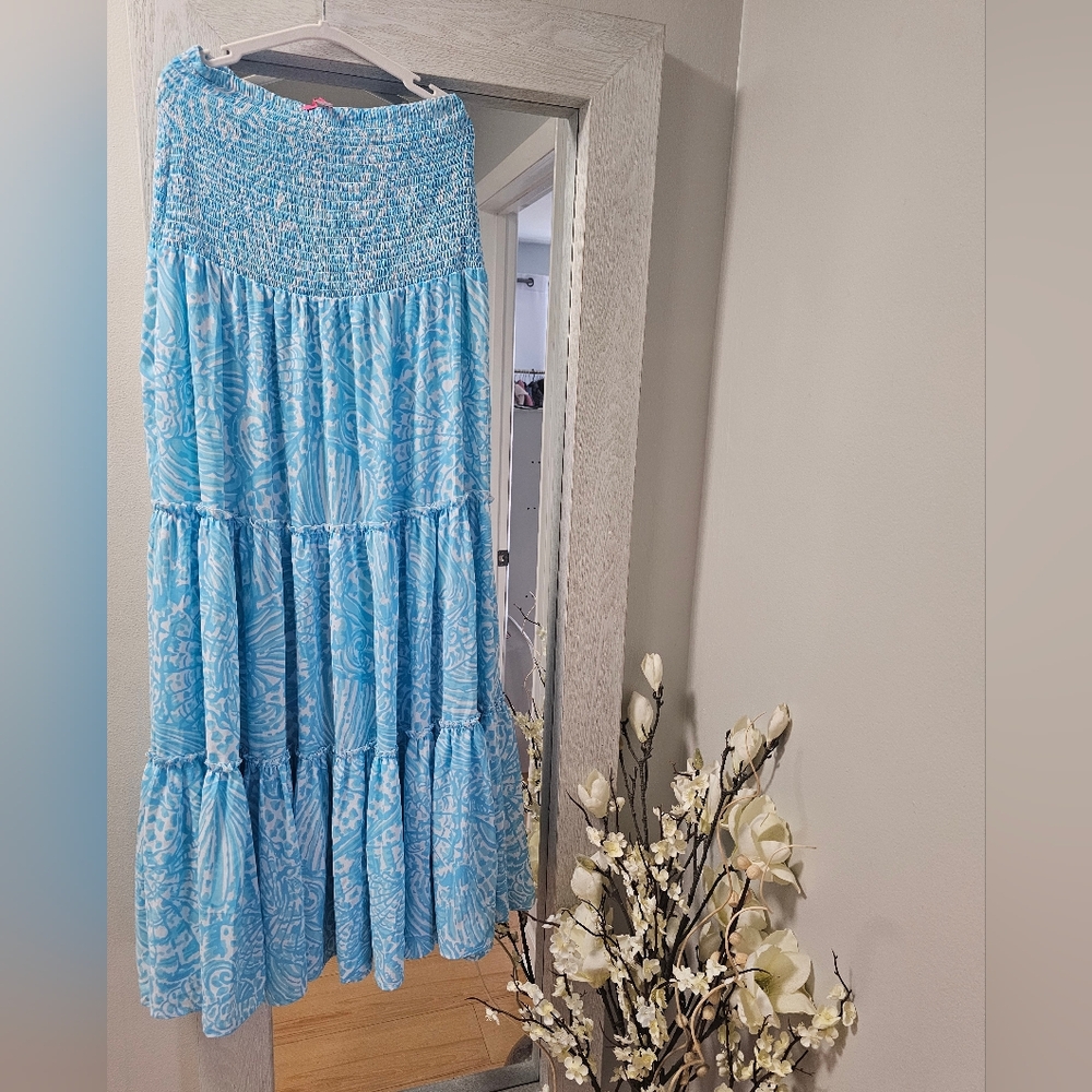 Lilly Pulitzer Light Blue Tiered Paisley Maxi Skirt Or Midi Dress, M, NWOT